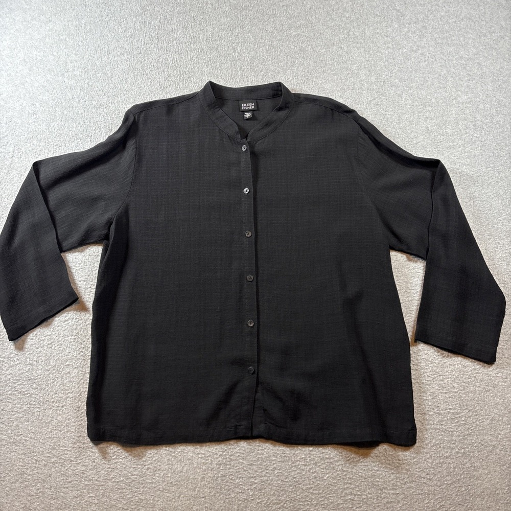 Eileen Fisher Button Up Shirt Womens L Black Collared Long Sleeve Tunic Top